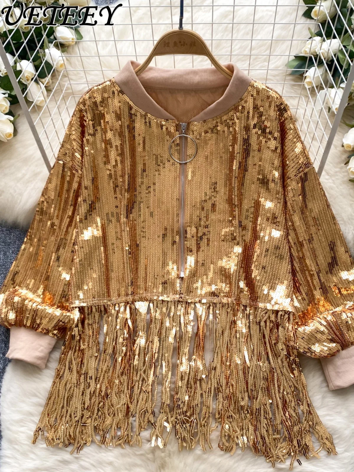 Sequined Sparkling Jacket Women's Autumn New High-end Lantern Long Sleeve Zipper Versatile and Thin Fringed Coat for Women