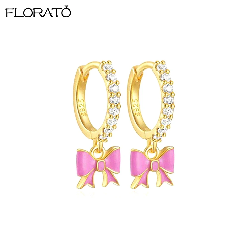 

925 Silver Needle Fashion Pink Bow Dangle Earrings for Women Exquisite Zircon Hoop Earrings for Women Jewelry Gift for Friends