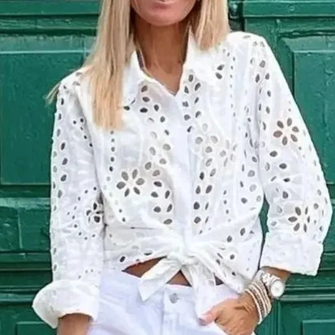 

Faionable Hollow out Casual Top Women's irt Cleanfit Sle Long Sve Cotton A-Line Sve Flip Collar Pure Color