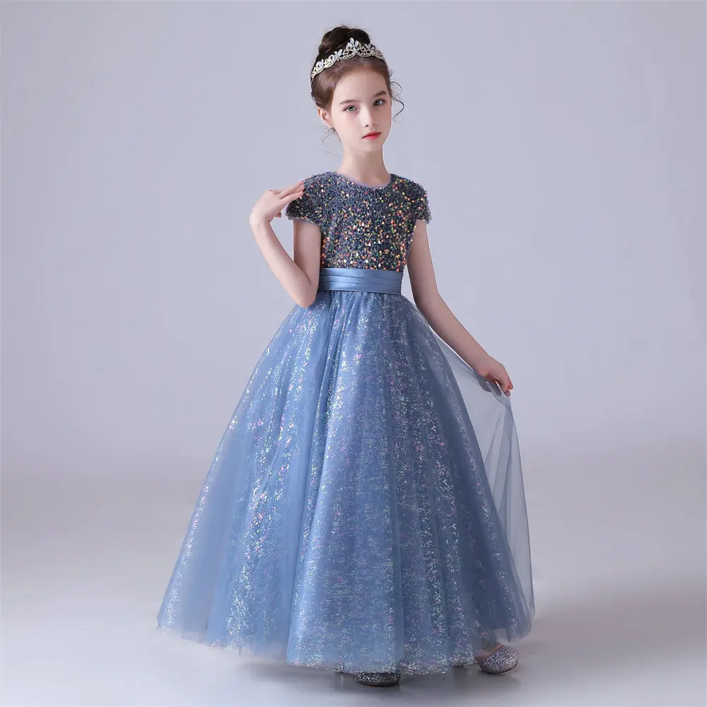 Dideydress-vestido azul para menina, o-pescoço, tule brilhante, arco, lantejoulas, vestidos floridos, aniversário infantil, vestidos de princesa formais