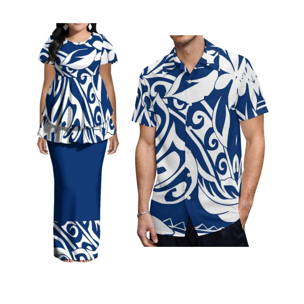 

Новый женский комплект Puletasi: юбка с двойными складками и коротким рукавом, полинезийский парный наряд с индивидуальным принтом, мужская рубашка