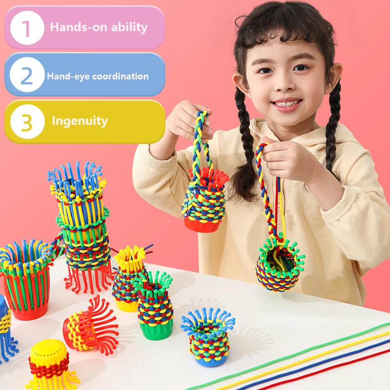 4 pz bambini fai da te tessitura giocattoli artigianali cesto di fiori corda intrecciata a mano lavoro a maglia coordinazione occhio-mano Fine Motor Training Puzzle Toys