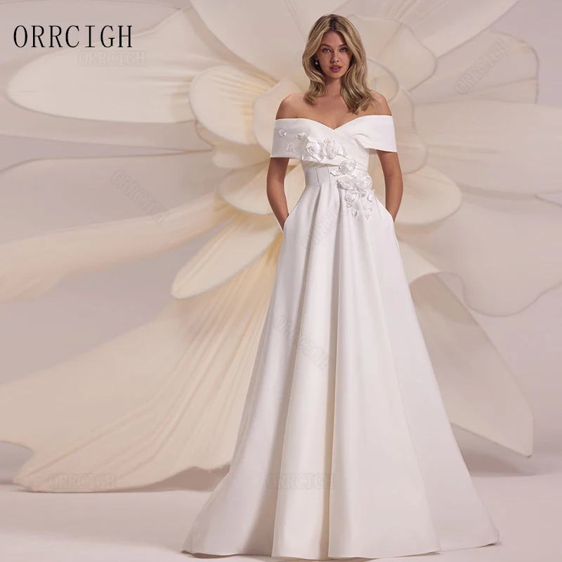 Off Shoulder Satin Wedding Dresses for Bride Sleeveless Backless Floor Length Bridal Gown Customizable 2026