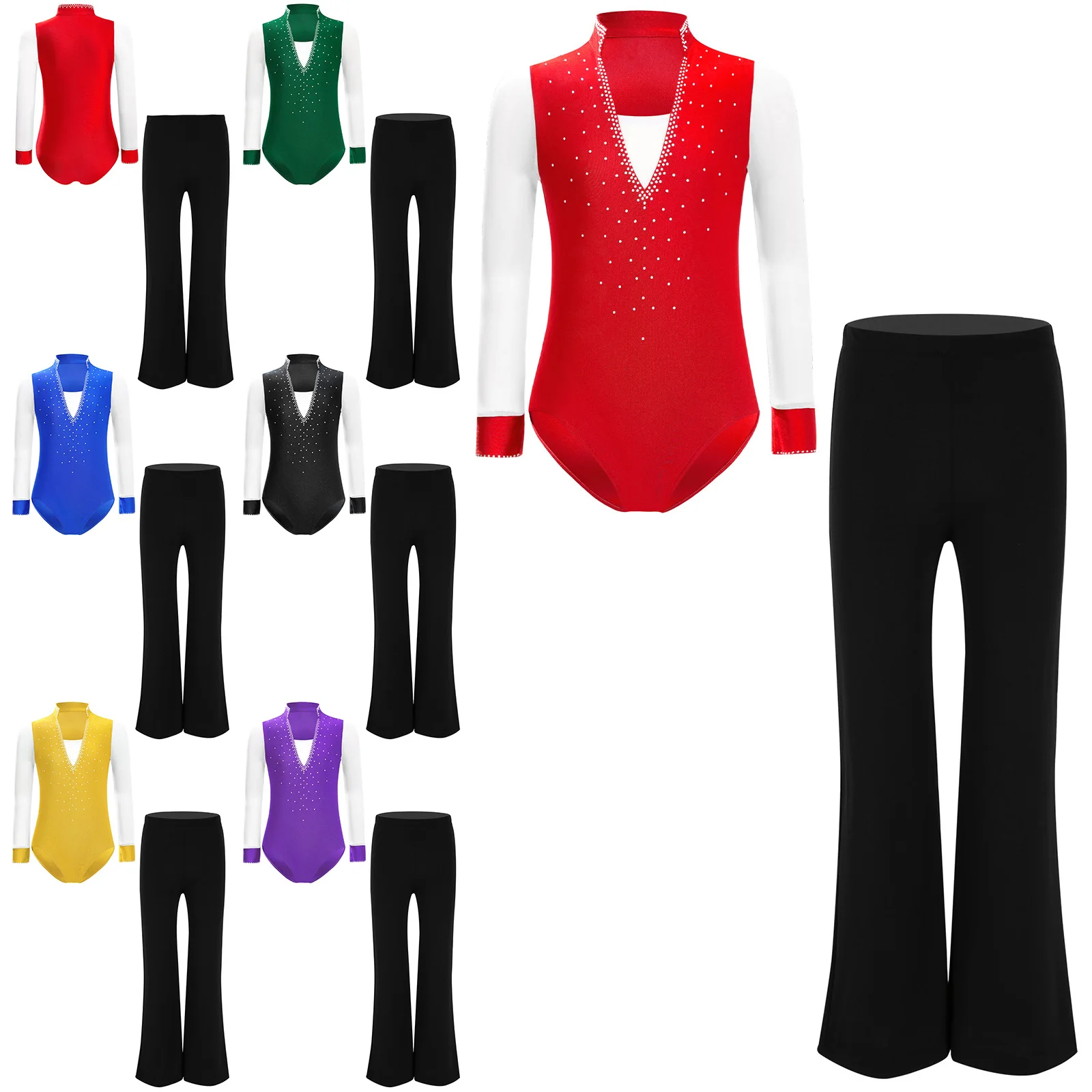 Kids Boys Figure Skating Costume Set Dancewear Sheer Mesh Long Sleeve Shiny Rhinestones Leotard with Pants for Stage Performance