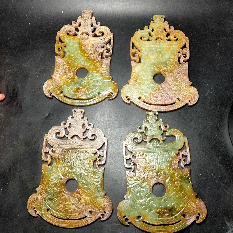 Natural Stone Aged Xiu Jade Carving Hollow Beast Face Jade Axe High Ancient Jade Jade Flat Bell Jade Disc Ornament