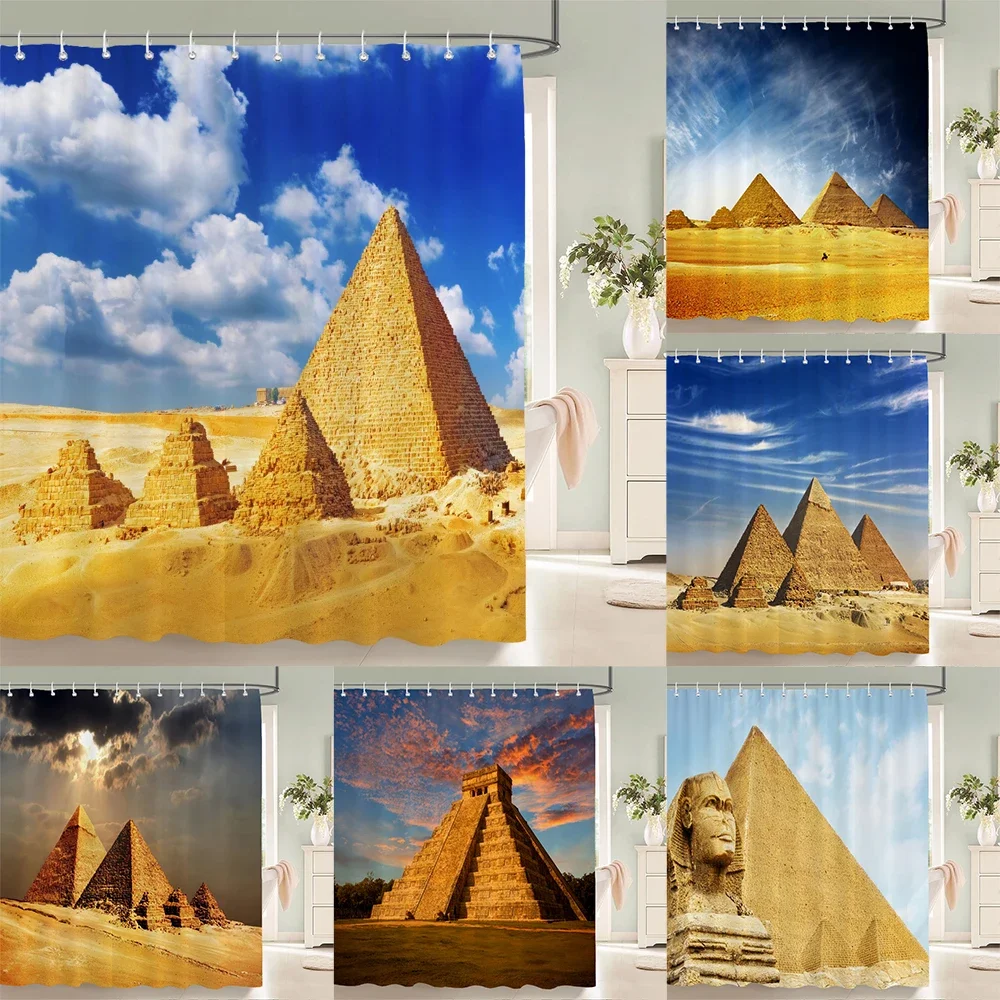 Ancient Egyptian Pyramid Sphinx Shower Curtain Desert Sunset Blue Sky Scenery Print Waterproof Fabric Bathroom Curtain With Hook