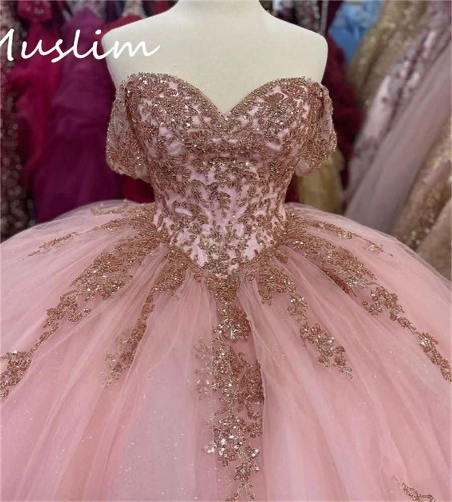 Robe de Quinceanera rose scintillante à épaules dénudées, appliques dorées, robe éducative personnalisée, Sweet 15 Birthday Parrty