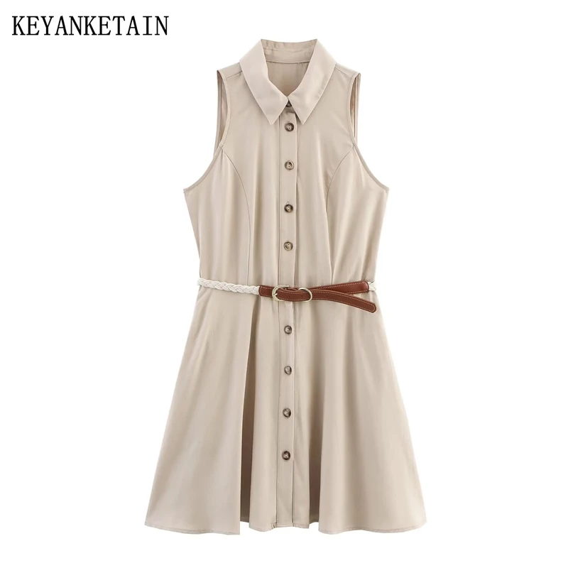 KEYANKETIAN Estate Nuove Donne Con Cintura Decorazione Mini Abito Office Lady Gira Imbottiture Colletto Monopetto Abiti Senza Maniche