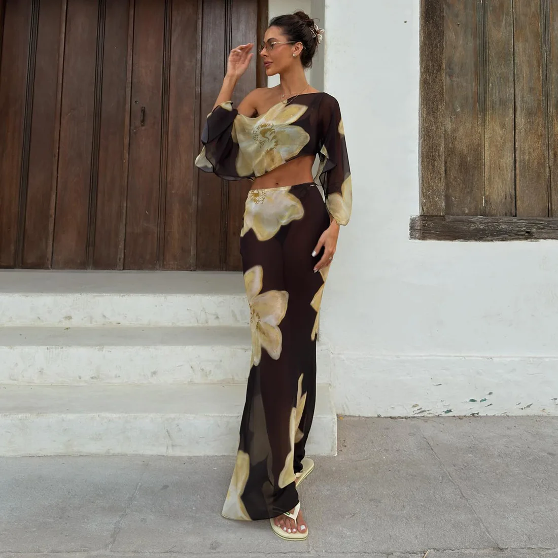 See Through Mesh Floral Print Vacation 2 Piece Set Women Inclined Shoulder Long Sleeve Crop Tops + Lace Up Bodycon Maxi Skirts