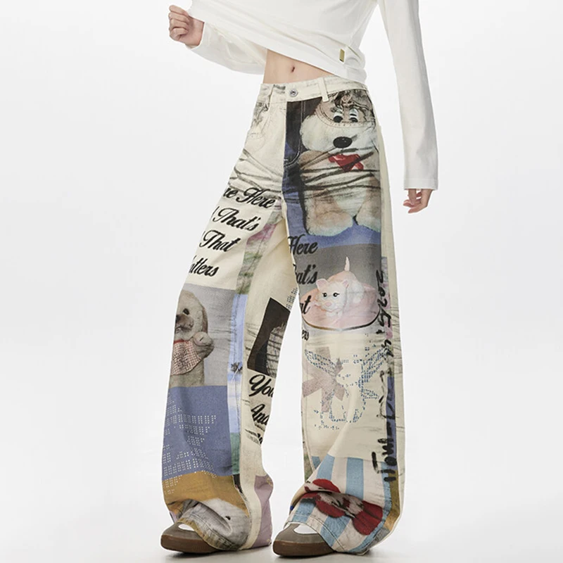 LUZHEN Fashion Cute Cartoon Pattern Printed Straight Casual Denim Pants Men's 2025 New Loose Original Wide Leg Trousers JY3106