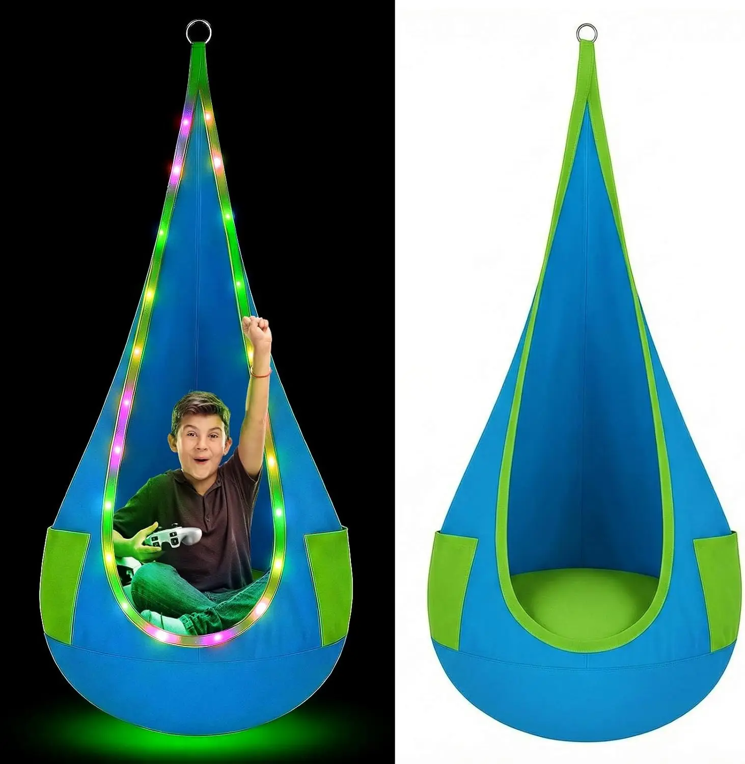 

Надувное подвесное кресло-качели со светодиодной подсветкой, гамак для дома и улицы, максимальная нагрузка 100 фунтов, синий