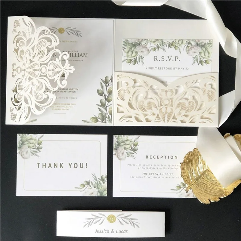 

50 pieces White Lace Rose Gold Bowknot Wedding Invitation Card Laser Floral Pink Engagement Quinceanera Invitations I