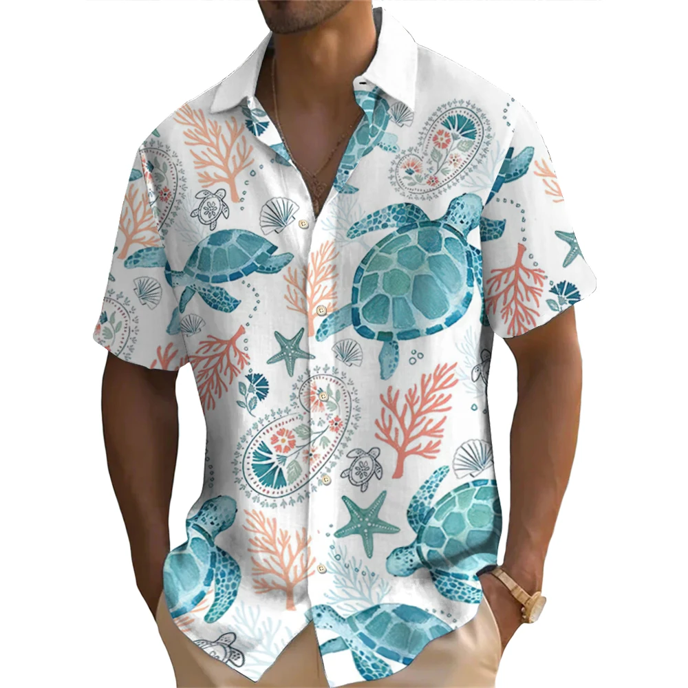 Summer Fashion Retro Ocean Animals Turtle Print Men\'s Short Sleeve Shirt Street Casual Daily Oversized Men Shirts Oversized Tops