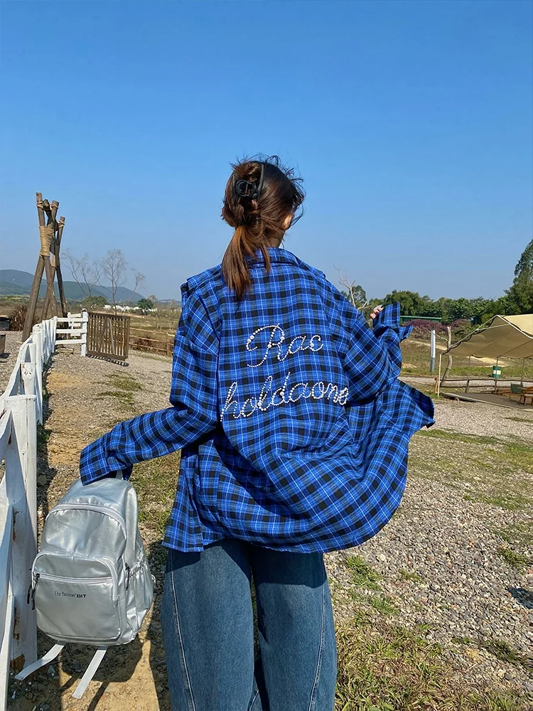 

Blue Plaid Loose Long Sve irt Men's Spring Season Collar Button down Design Sensation Beaded Outerwear Coat