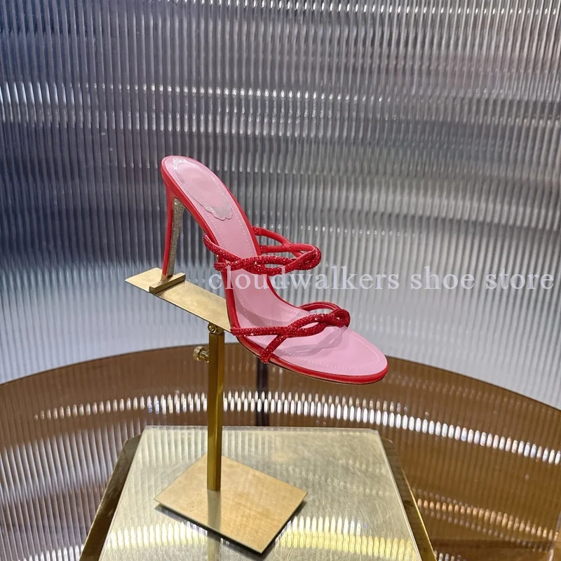 

Multicolor Rhinestone Cross Strap Peep Toe High Heel Slippers Summer Roman Slip On Stiletto Slippers Fashion Event Dress Shoes
