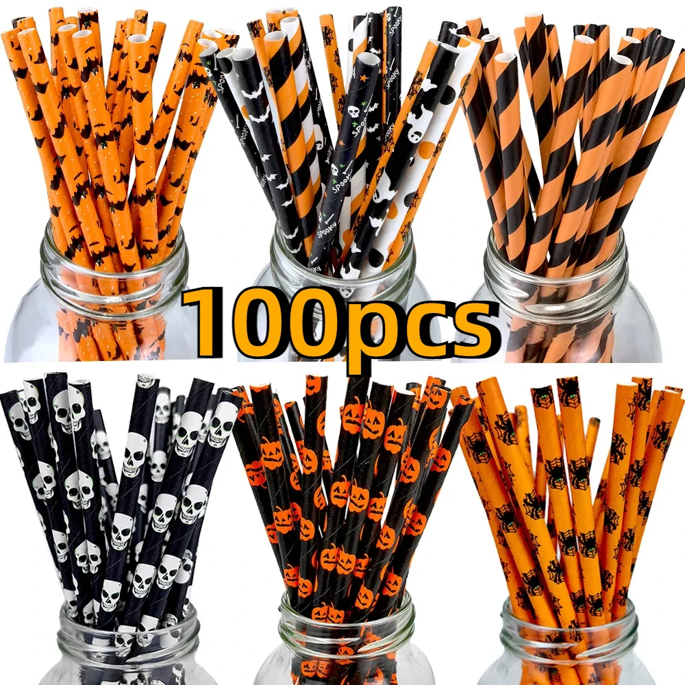 

25/50/100pcs Halloween Party Favors Paper Straws Black and Orange Party Biodegradable Drinking Stripe Straws for Halloween