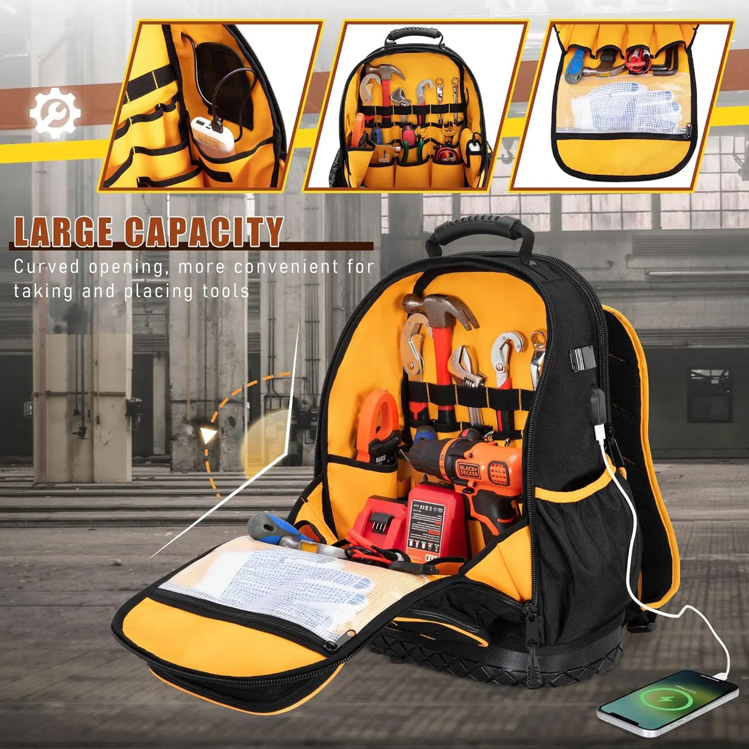 Multifunctional Double-shoulder Tool Bag with Tpye-C Data Cable Multi-pocket Wear-resistant Tool Kit with Hard Plastic Bottom
