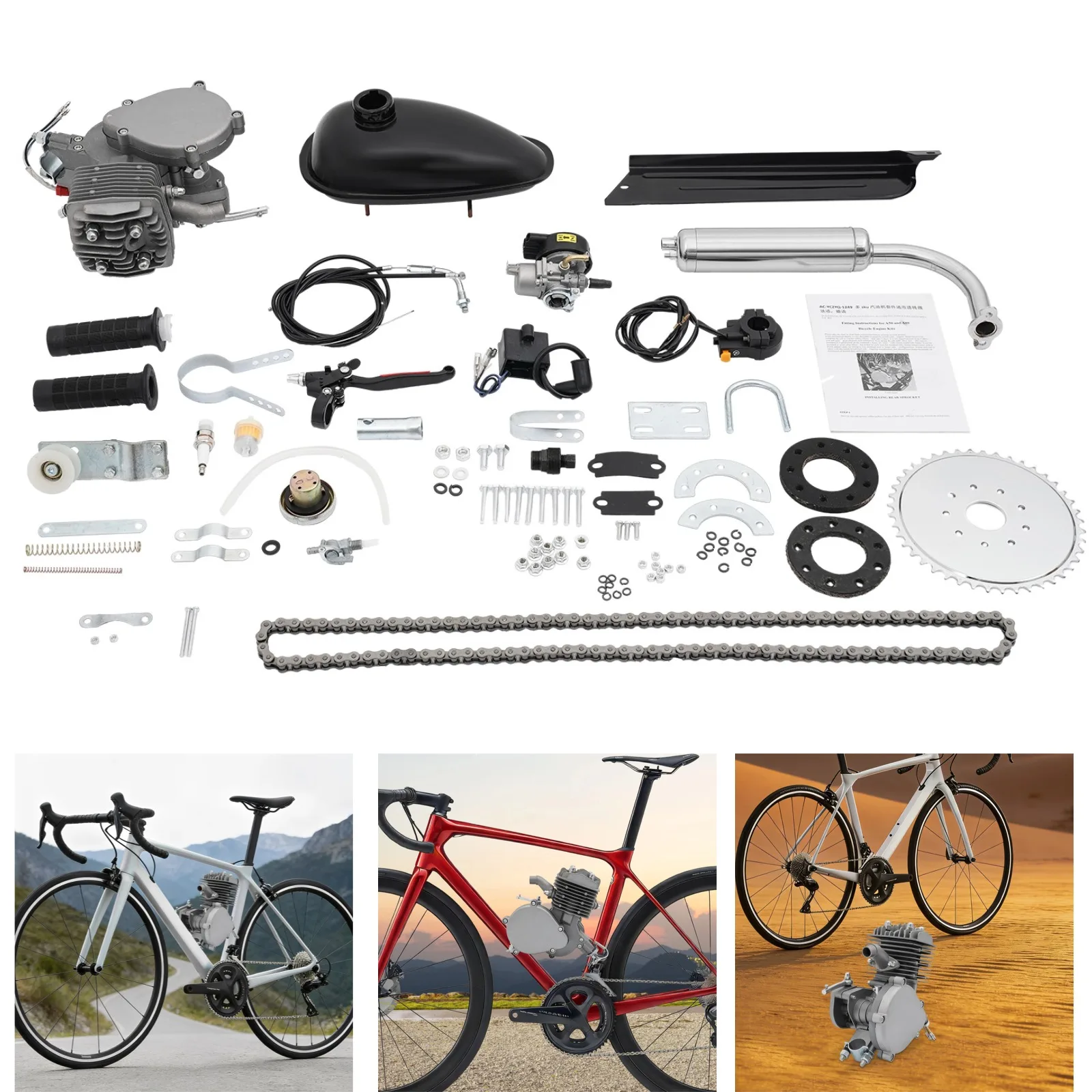 Kit Motore a Benzina 80CC a 2 Tempi per Bicicletta, Velocità Massima 24,8 mph, Capacità di Carico 397 libbre per Bici da Montagna e Strada da 26-28 Pollici