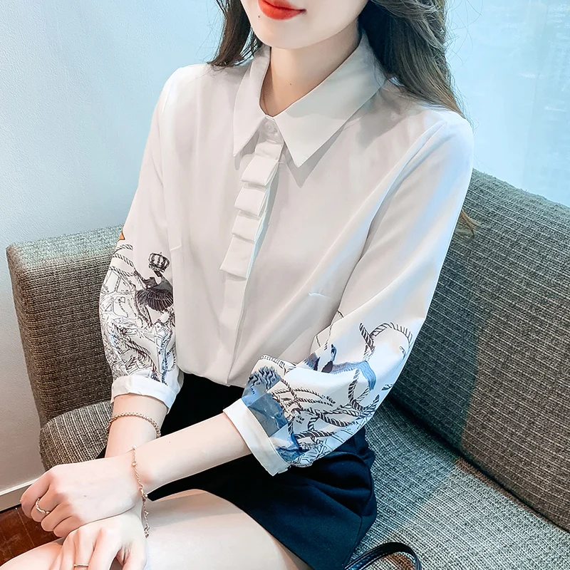 

Printed White Women Shirt Three Quarter Blouse Fashion Womens Tops Fold Button Shirts and Blouses Autumn Elegant Female Clothing