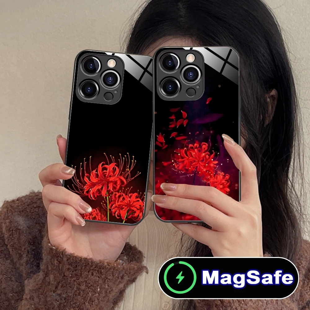 Red Spider Lily Color Mobile Cell Phone Case for iPhone 16 15 14 13 12 11 Pro Max Plus Mini MagSafe Wireless Charging Glass Cove