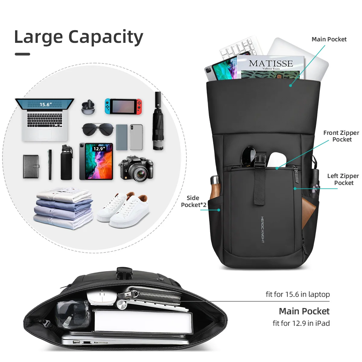 Mochila de viaje multifuncional HK para hombre, mochila grande enrollable para senderismo, impermeable, bolsa para ordenador portátil de 15,6 pulgadas, mochila deportiva para exteriores