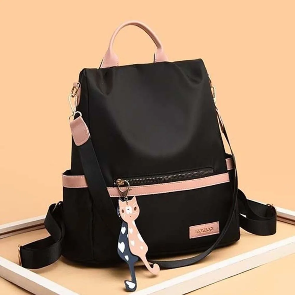 Mochila diaria de poliéster para mujer, colgante de PU de gato de gran capacidad, mochila de tela Oxford, prevención de arañazos, agua antisalpicaduras