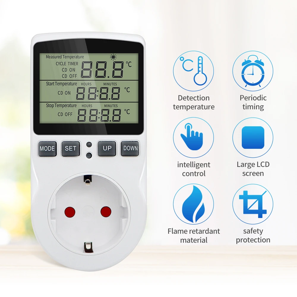 

Timer Socket Thermostat KT3100 Multi-Function Temperature Controller Outlet with Timer Switch Sensor Probe Heating Cooling