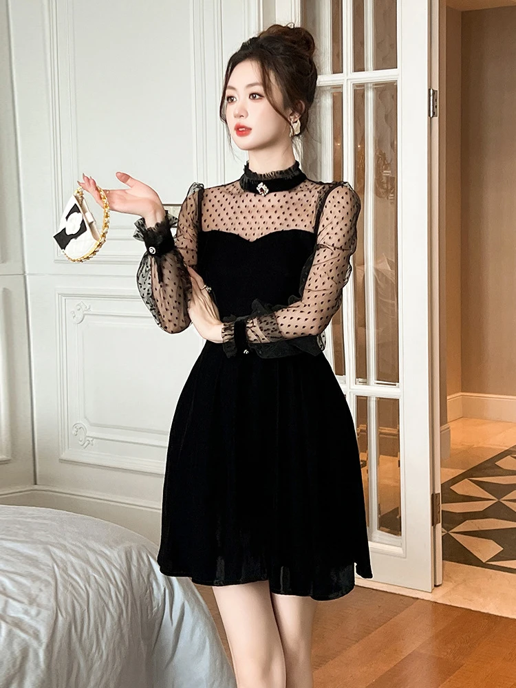 Women Clothes Fashion Black Velvet Sheer Sexy Puff Sleeve Slim A-Line Short Dress Elegant Ladies Vintage Party Prom Vestidos New