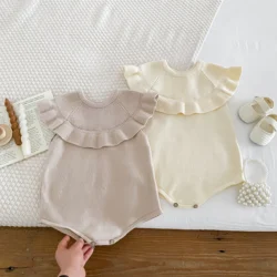 Spring  Autumn Baby Girls Knit Romper Solid Color Infant Bodysuit with Hat Sweet Baby Clothes 0-24M