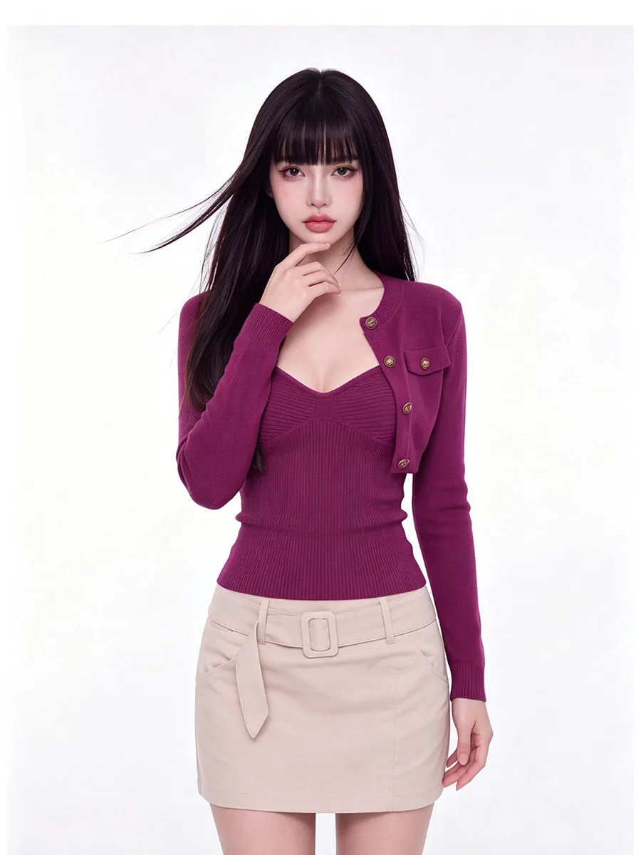 Napoleon Style Short Knitted Open Cardigan Women's Slim Fit Top Two-Piece Set Breathable V-Neck Long Sleeve Autumn Outerwear