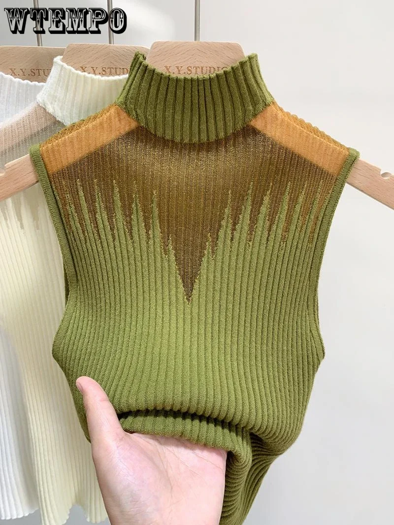 WTEMPO Women Slim Knitted Vests Summer Female Sheer Turtleneck Sleeveless Solid Stretch Camis Tank Tops