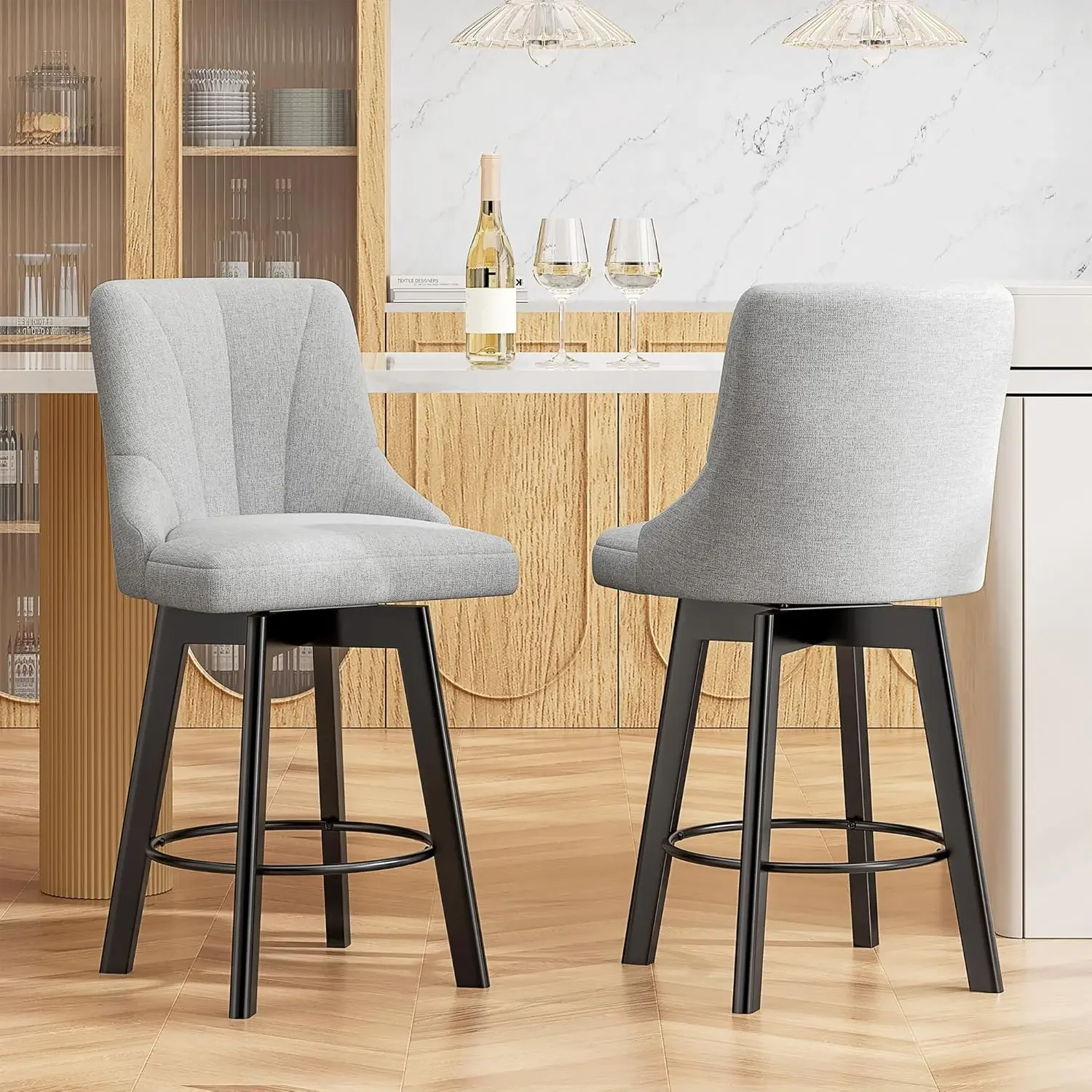 

Swivel Bar Stools with Backs, 24" Counter Height Bar Stools Set of 2, Fabric Upholstered Counter Bar Stools with Solid Wood Legs