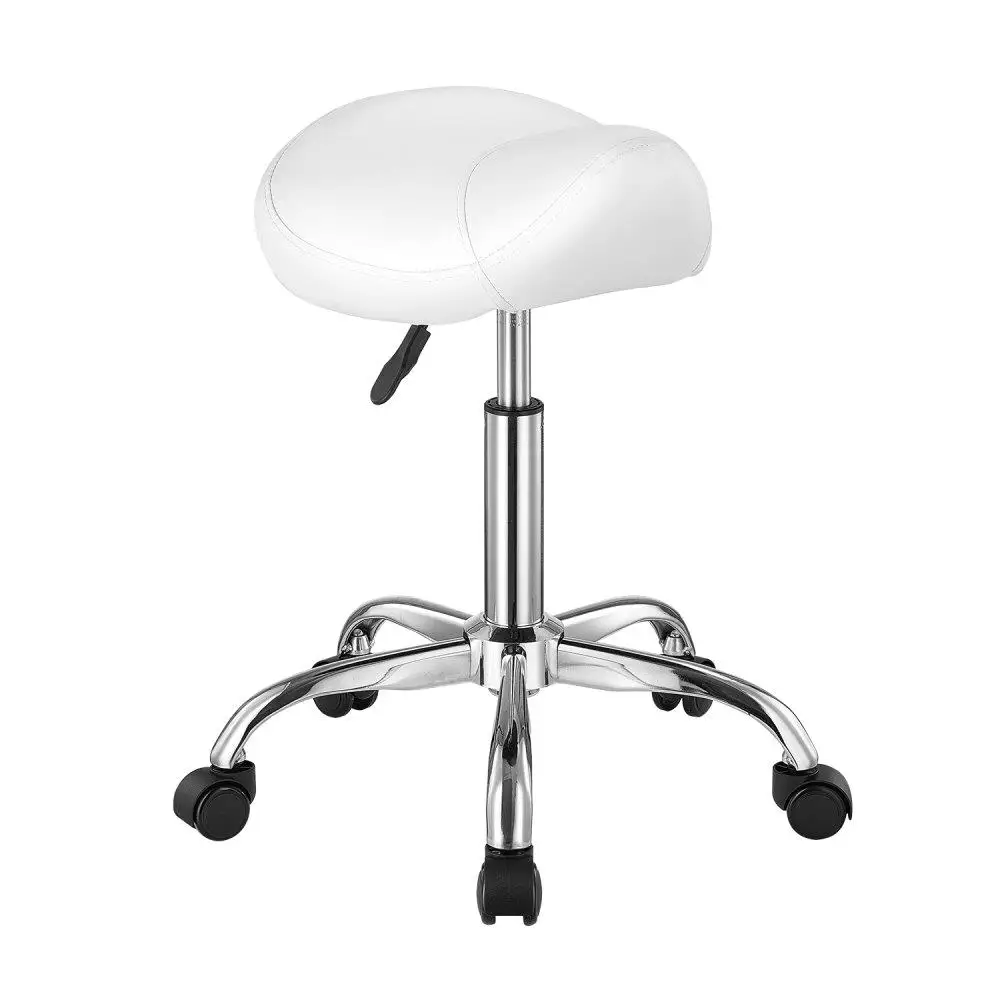 

Adjustable Height PU Leather Saddle Stool with Swivel and Rolling Wheels White