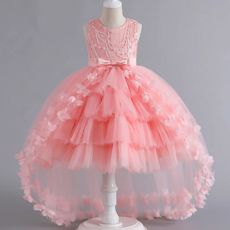 Girl High Low Dress Long Train 3D Butterfly Tulle Tutu Skirt Luxury Princess Gown Kids Birthday Wedding Party Prom Dresses