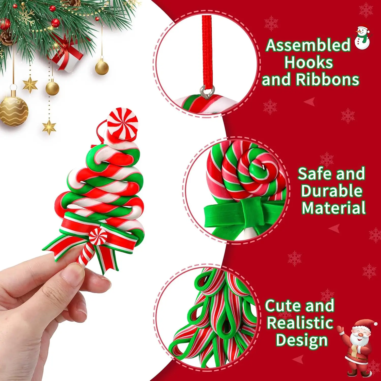16 Stück Mini-Weihnachtszuckerstangen-Ornamente aus Polymer Clay, Pfefferminz-Lollipop-Anhänger, Weihnachtsbaum-Hängedekoration – Detail 8