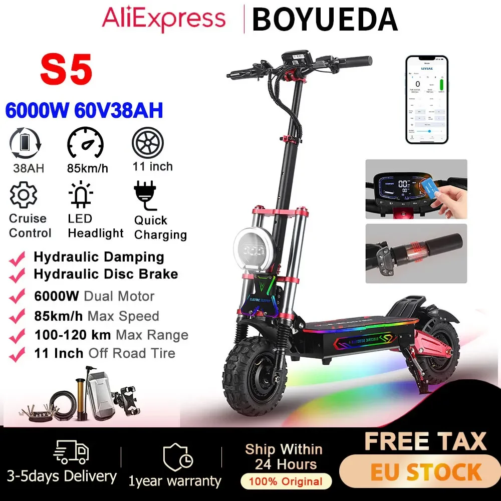 

BOYUEDA S5 6000W Electric Scooter Dual Motor 60V38AH 120KM Range 85KM/H NFC Smart App RGB lights 11 Inch Off-road Adult EScooter