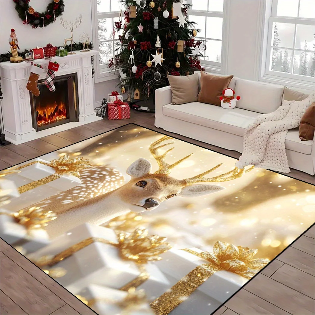 1pc Reindeer With Golden White Gifts Pattern Area Rug, Ideal Christmas Home Decor, Perfect for Terrace Garden Courtyard