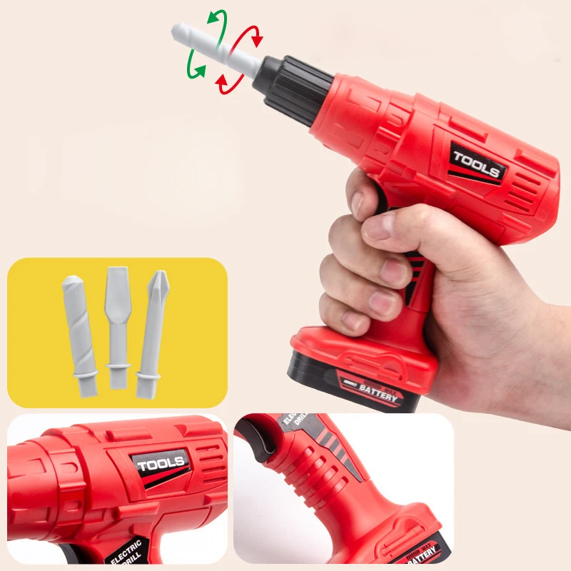 ชุดกล่องเครื่องมือของเล่นบ้านเล่น ไขควงเด็ก สว่านไฟฟ้า เลื่อยลูกโซ่ เครื่องมือจําลองการซ่อม ของเล่นเด็ก