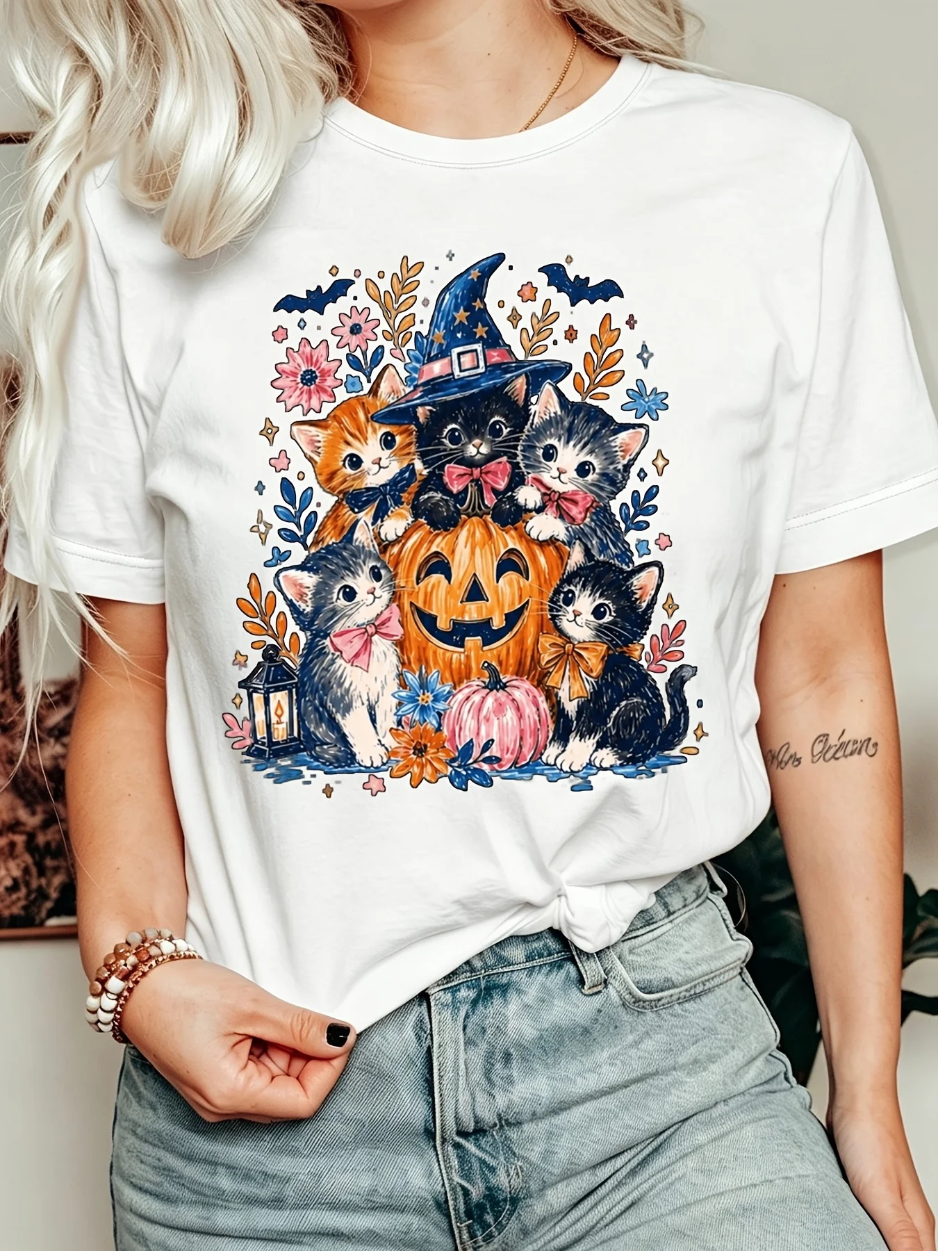 Halloween Witch Pumpkin Floral Collage Print T-Shirt Women's Graphic Short Sleeve T Shirt Casual Funny Tops Female Clothes Y2k