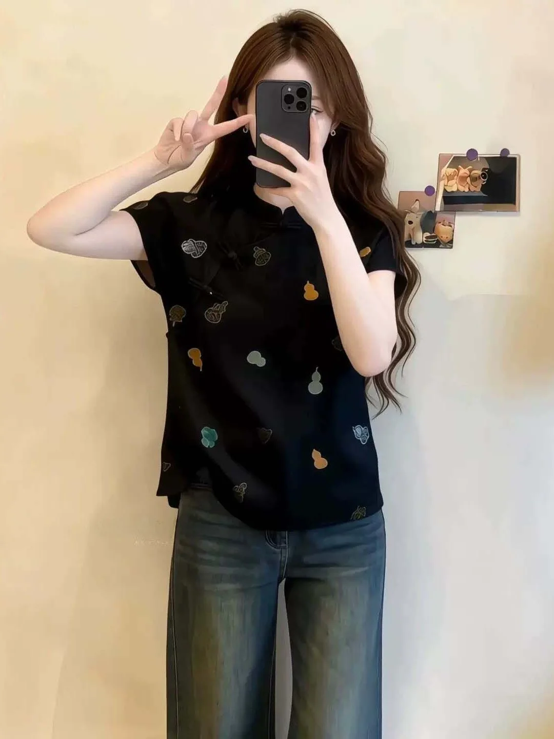 

Loose Fit Short Sleeve Shirt Women's plus Size Button up Chinese Style Black New Summer 2026 Age Defying Top for Plump MM