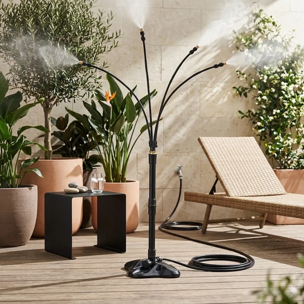 Adjustable Height Multihead Standing Misting System with Long Hose for Effective Cooling in Outdoor Entertaining Spaces