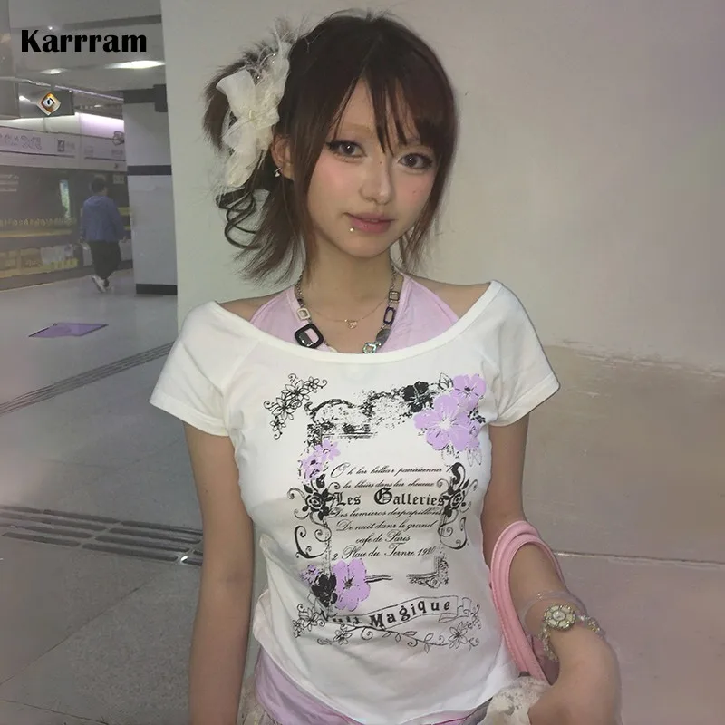 Karrram Japanese Y2k Fake Two-piece T-shirt Trashy 2000s Style Patchwork Tops Vintage Harajuku Irregular T Shirt American Retro