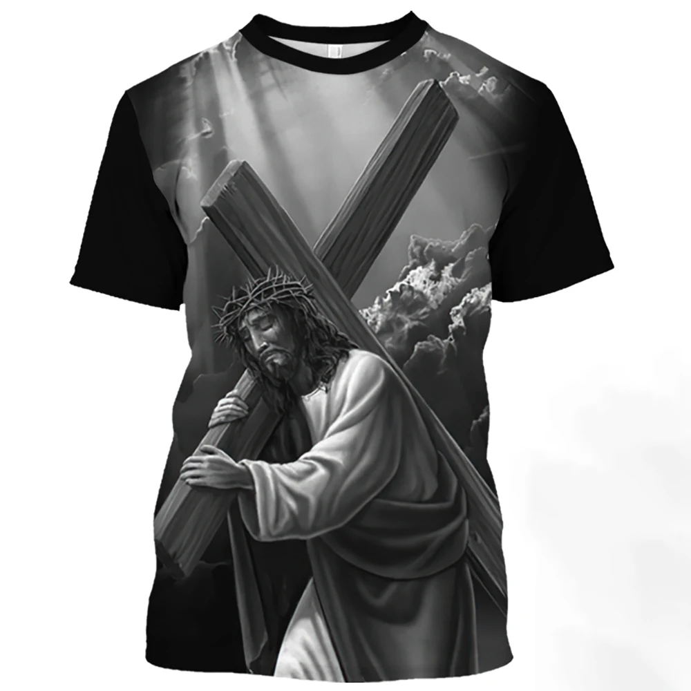 Jesus Christ Pattern T Shirt For Men Summer Casual O-Neck Oversized Short Sleeve Catholicism Print Quick-Drying Men\'s T-shirts