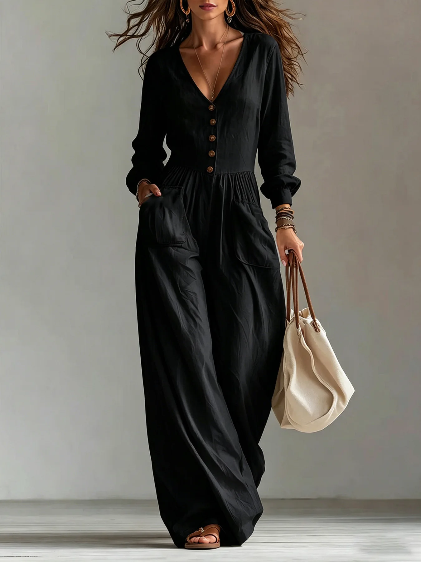 Casual Autumn Winter Jumpsuit Loose Simple Fashionable Commuting Style Long Sleeved V-neck Single Breasted Wide Leg Jumpsuit