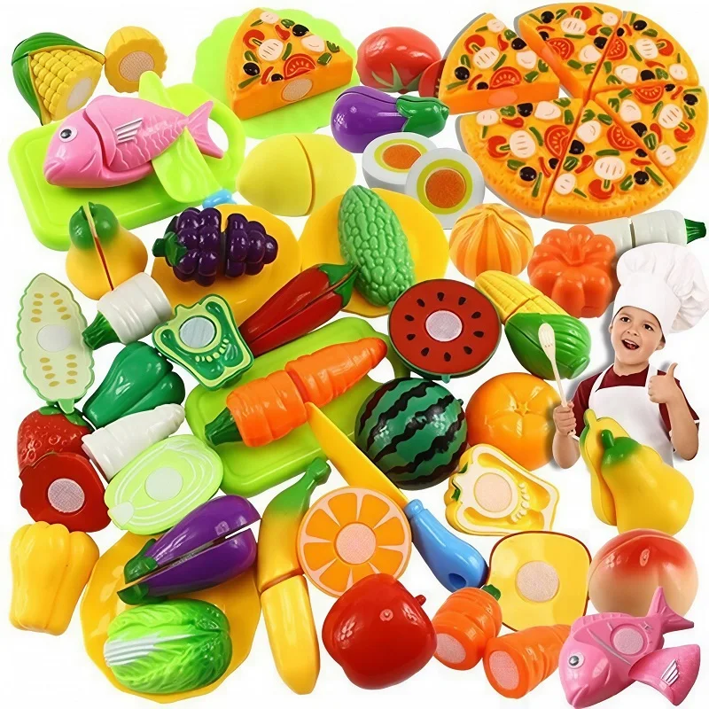 Children Play House Toy Fruits Cutting Toy Simulate Kitchen Toys Set Pizza Vegetable Fruit Cutting Cookware Kitchen Toy Set