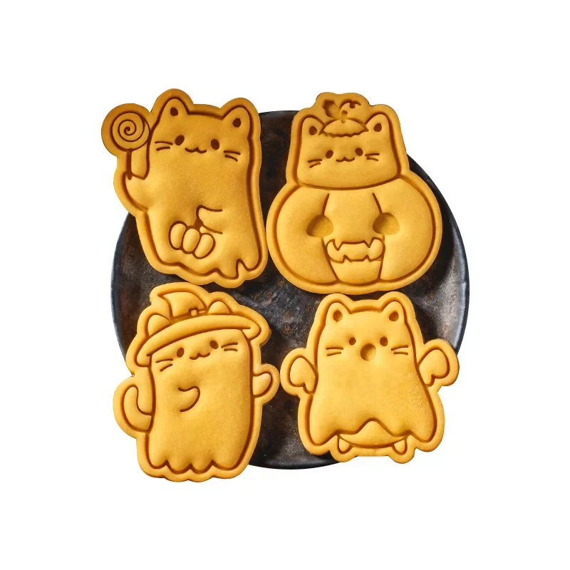 Halloween DIY Cookie Moulds Cartoon Ghost Pumpkin Cat Cookie Stamp Fondant Cake Decoration Tools Hand Pressure Plastic Biscuit