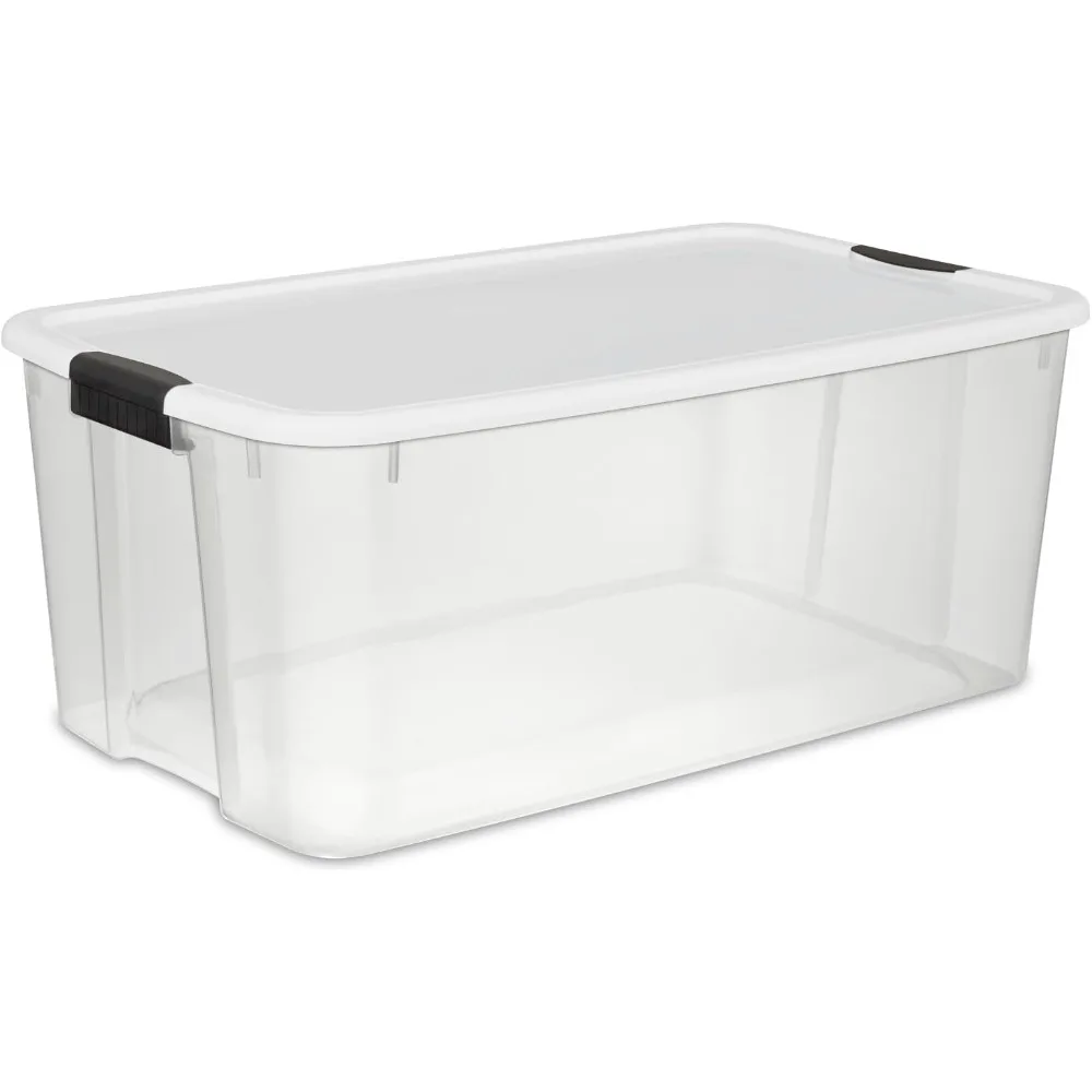 16 Qt Ultra Latch Box, Stackable Storage Bin with Lid, Plastic Container with Heavy Duty Latches to Organize, Clear and Whit