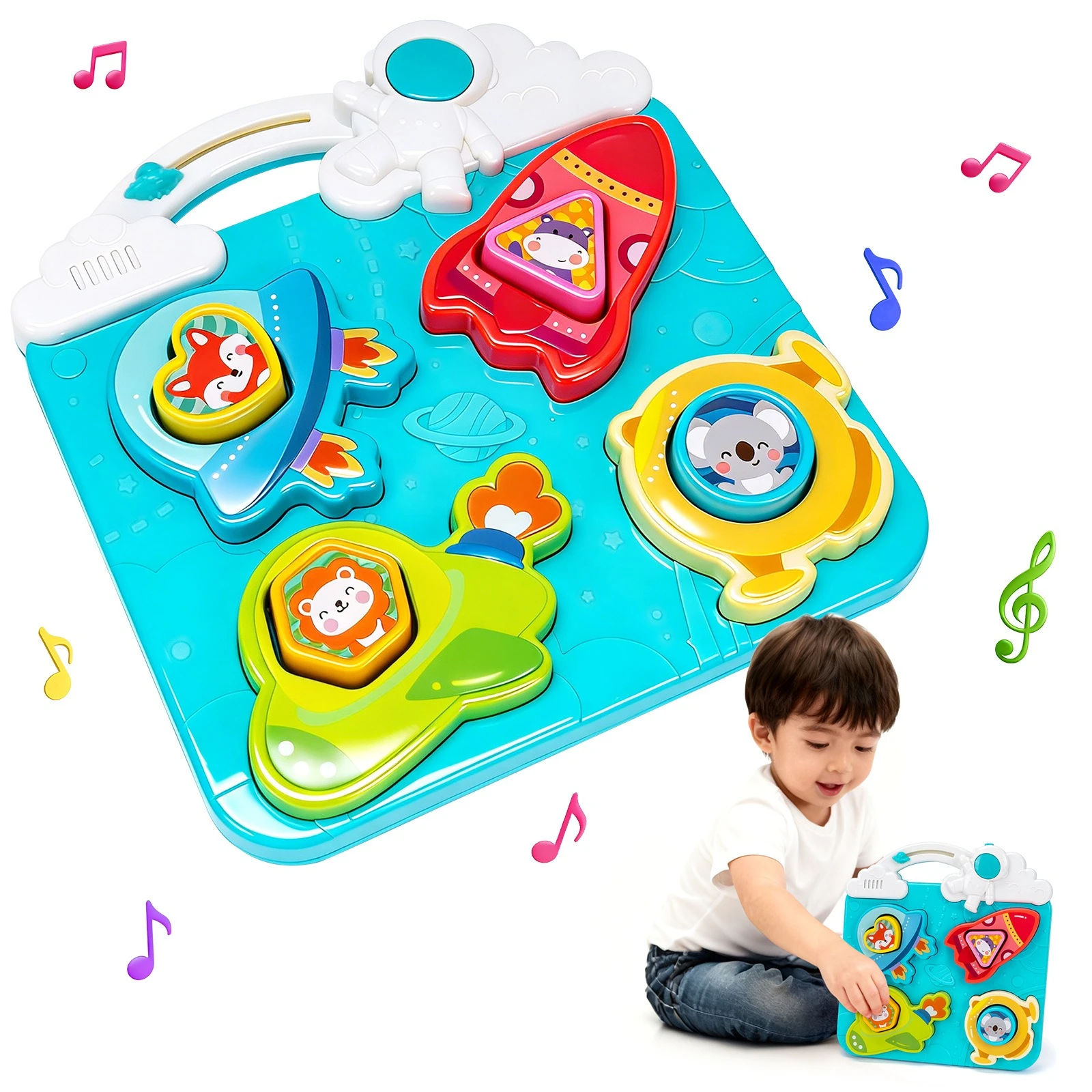 

1Pc Blue Space Themed Busy Board with Lights & Sounds, block matching toy, early learning interactive set as kids gift