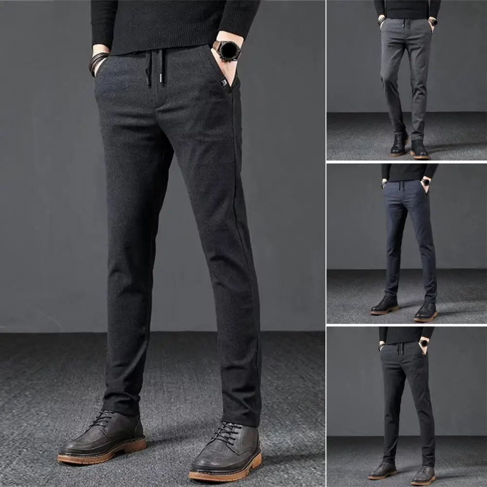 Men Pants Straight Drawstring Elastic Waist Slim Fit Casual Trousers Soft Formal Business Style Mid-aged Men Long Trousers