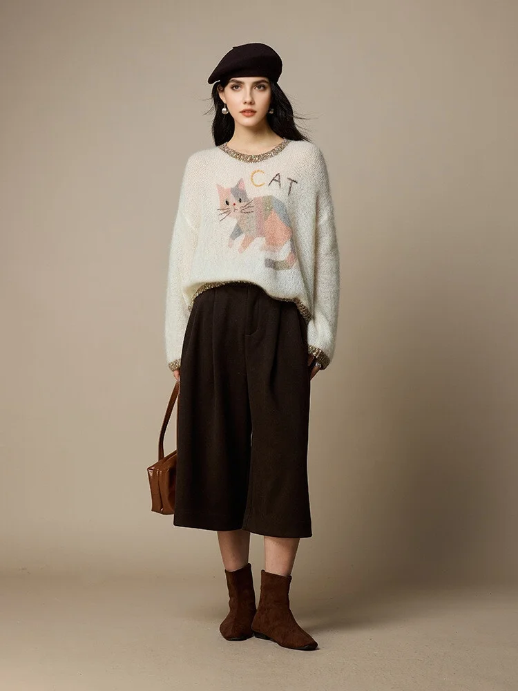 SuyaDream, pulls Mohair pour femmes, pulls imprimés en mélange de laine, col rond, haut à la mode automne-hiver 2025, motif de chat